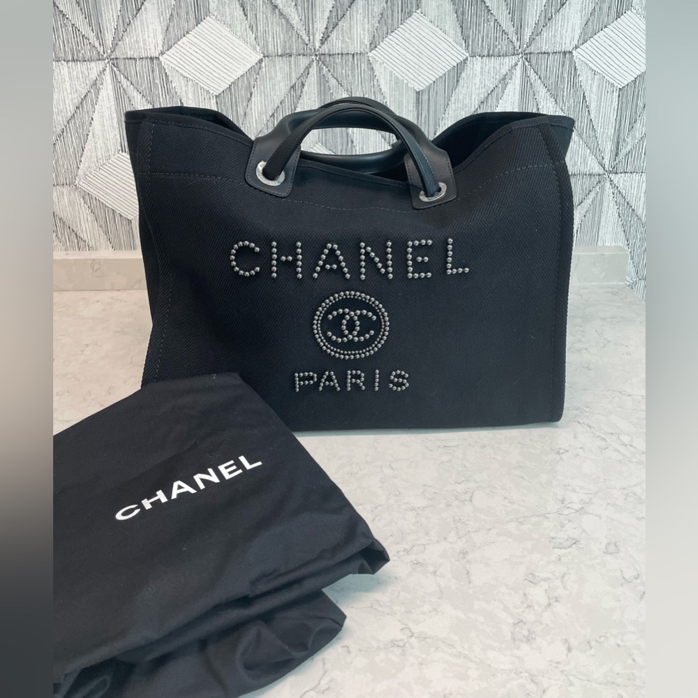 CHANEL Black Canvas Pearl Large Deauville Tote - Picture 9 of 10